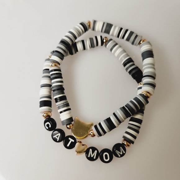 Stretchy Cat Mom Bracelet Set Friendship Beaded Jewelry Cat Gift For Her - Picture 2 of 3